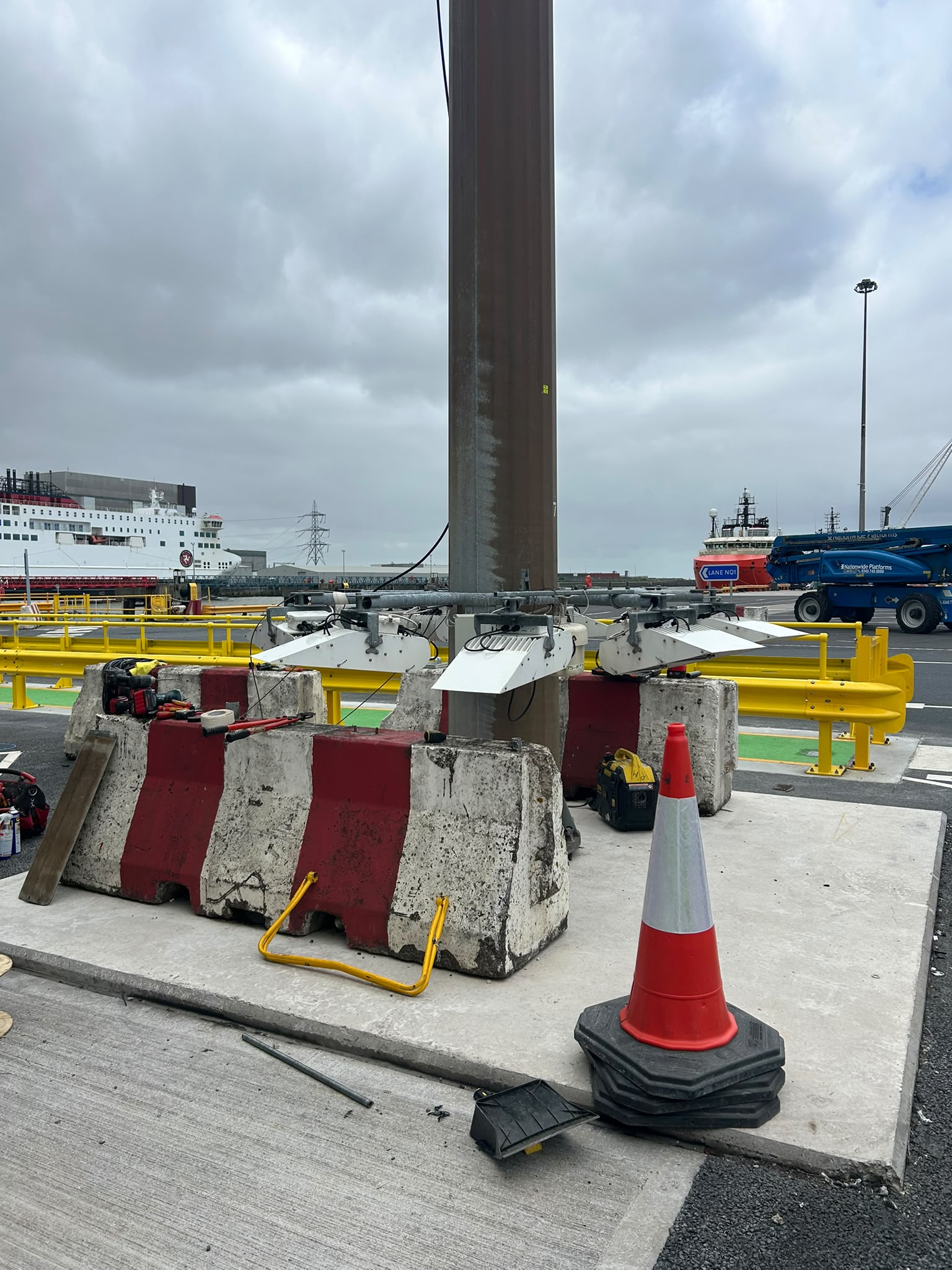 High mast lighting maintenance under way at a port