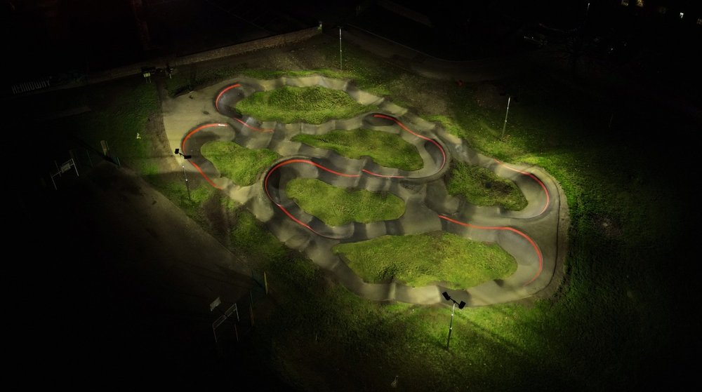 Kennoway Pump Track illuminated at night